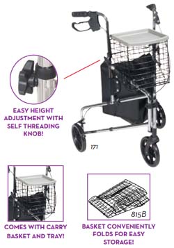 Deluxe 3 Wheel Chrome Rollator, 8" Casters with Loop Locks